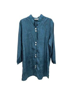 Erika Taylor Satin Sleep Shirt M Teal Floral Jacquard Pajama Mandarin Blouse